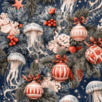 Coastal Christmas pattern featuring jellyfish, red ornaments, and pine branches on a navy blue background.