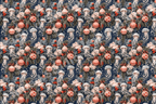Vintage coastal Christmas pattern featuring jellyfish, red ornaments, and pine branches on navy blue.