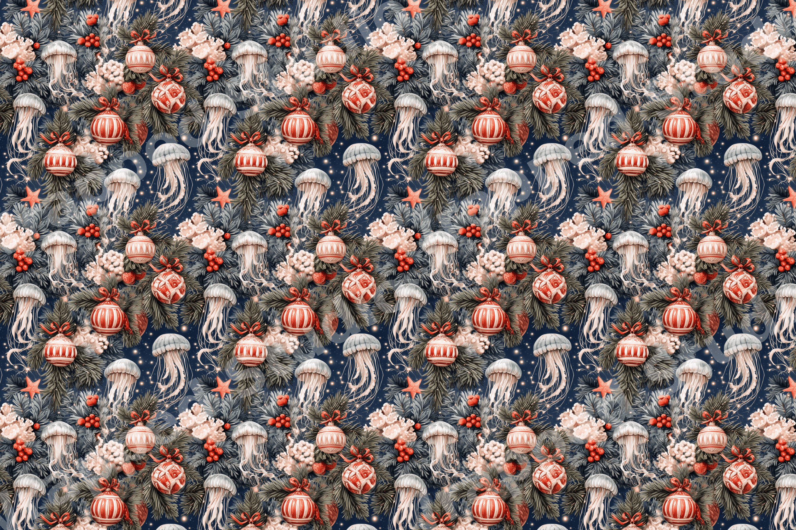 Vintage coastal Christmas pattern featuring jellyfish, red ornaments, and pine branches on navy blue.