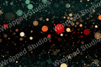 Seamless modern abstract print of teal, orange, and red bokeh dots on a dark background.