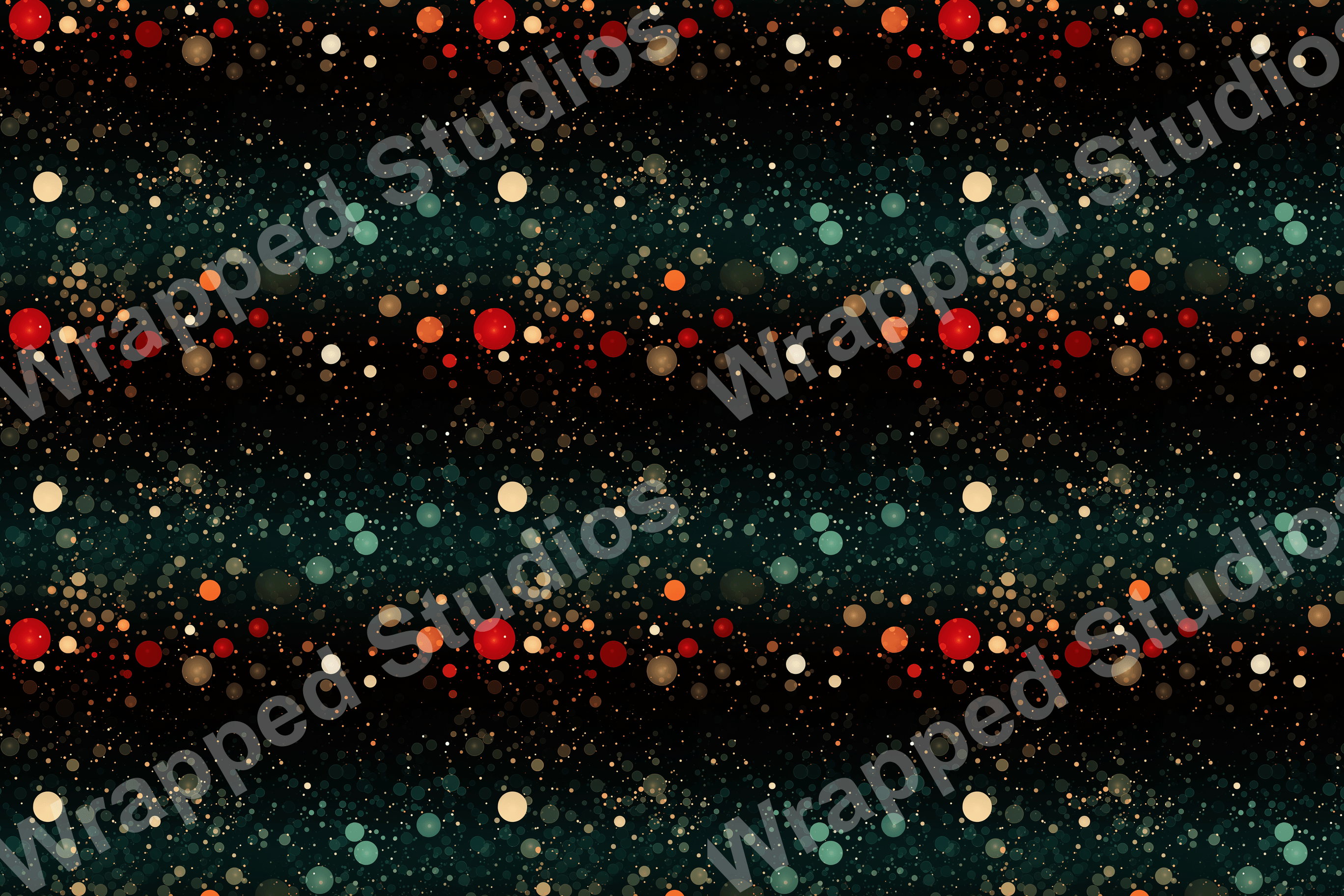 Seamless abstract pattern of scattered circles in red, orange, beige, and teal on dark ground.