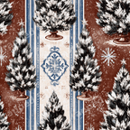 Vintage Christmas pattern with snowy pine trees, blue stripes, and rustic winter motifs on a brown background.