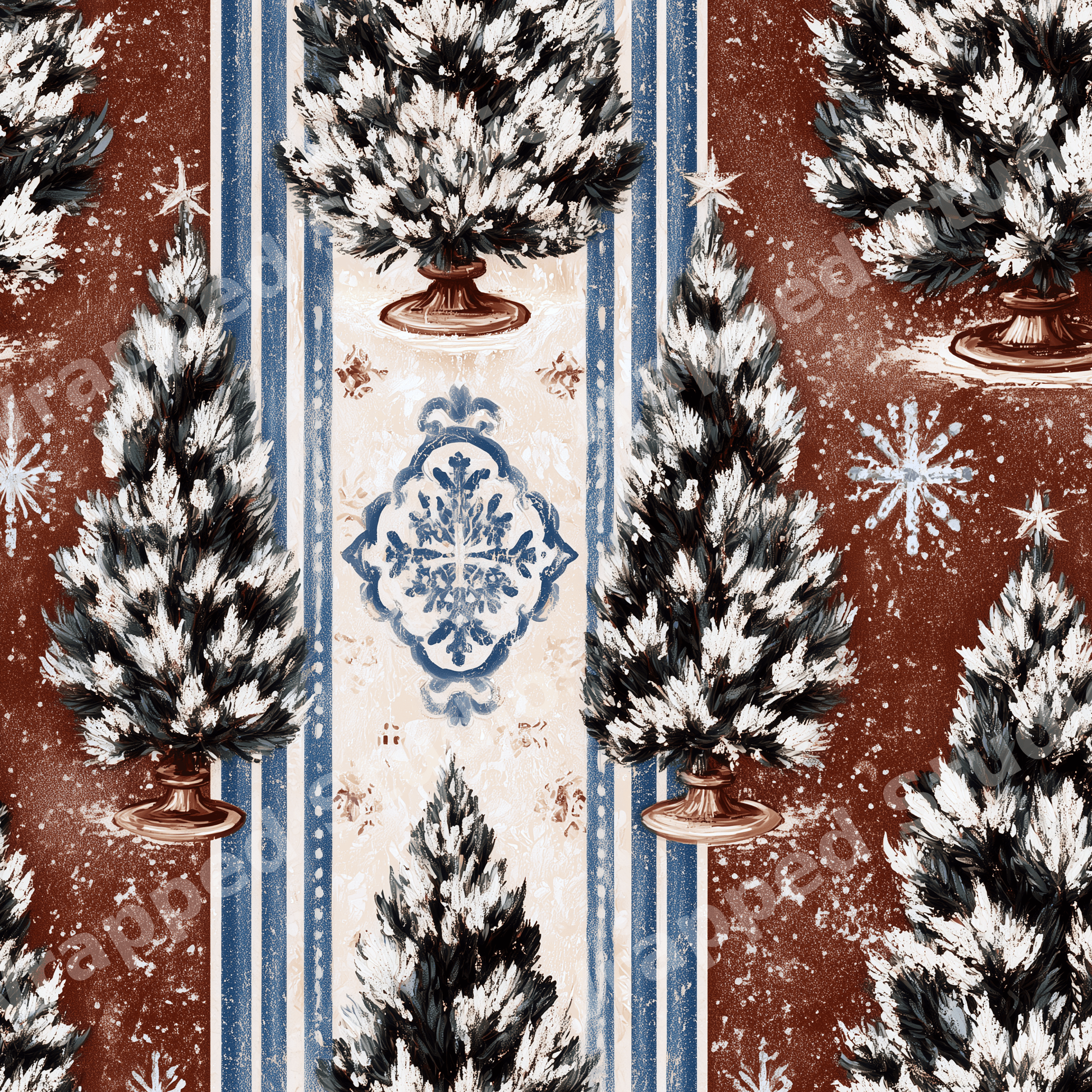 Vintage Christmas pattern with snowy pine trees, blue stripes, and rustic winter motifs on a brown background.