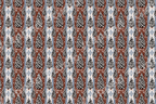 Vintage Christmas tree pattern with blue ticking stripes and snowy pine trees on a rustic brown background.