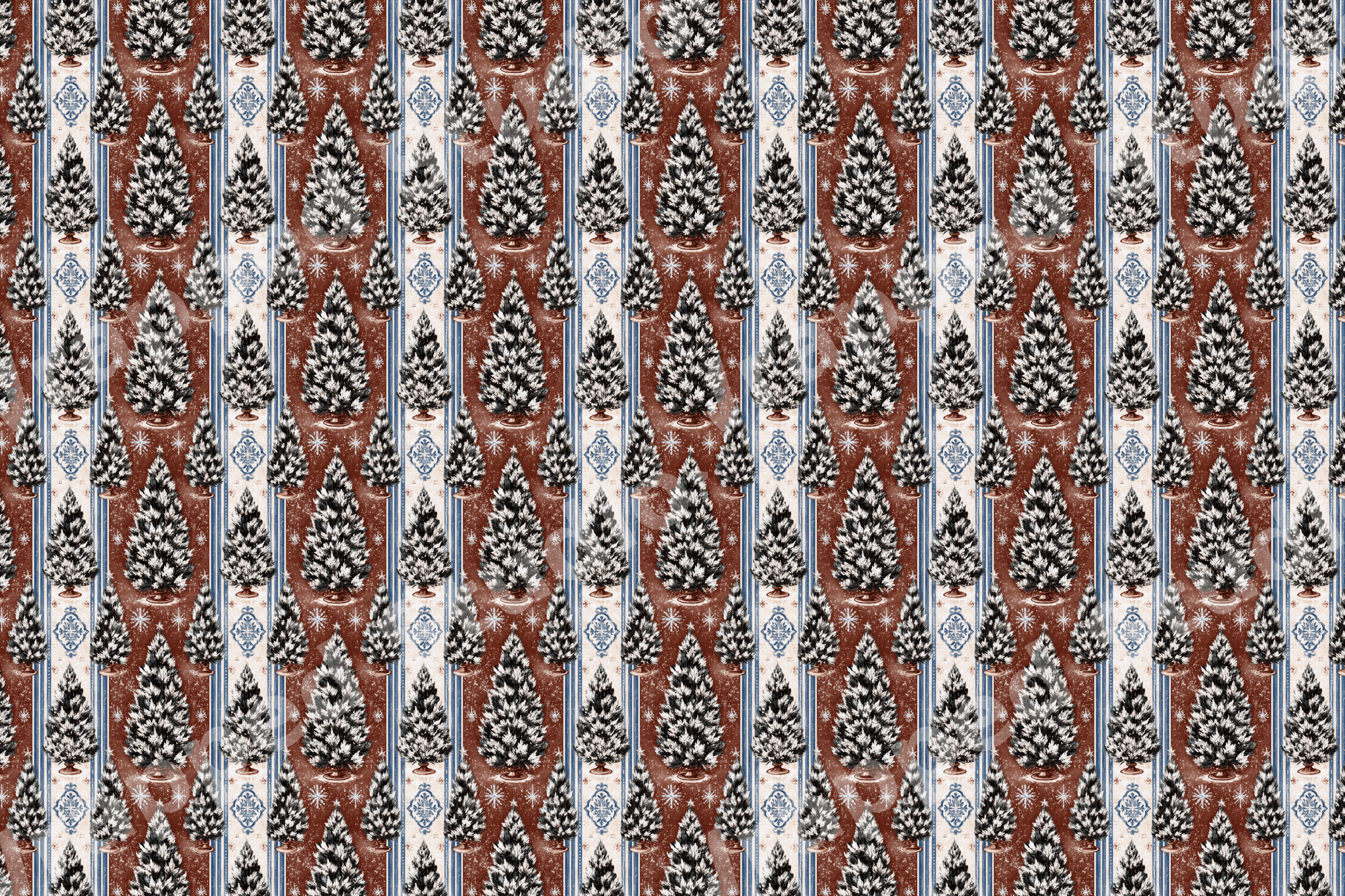 Vintage Christmas tree pattern with blue ticking stripes and snowy pine trees on a rustic brown background.