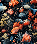 Botanical pattern featuring fish and flowers in shades of orange, blue, and yellow on a dark background.