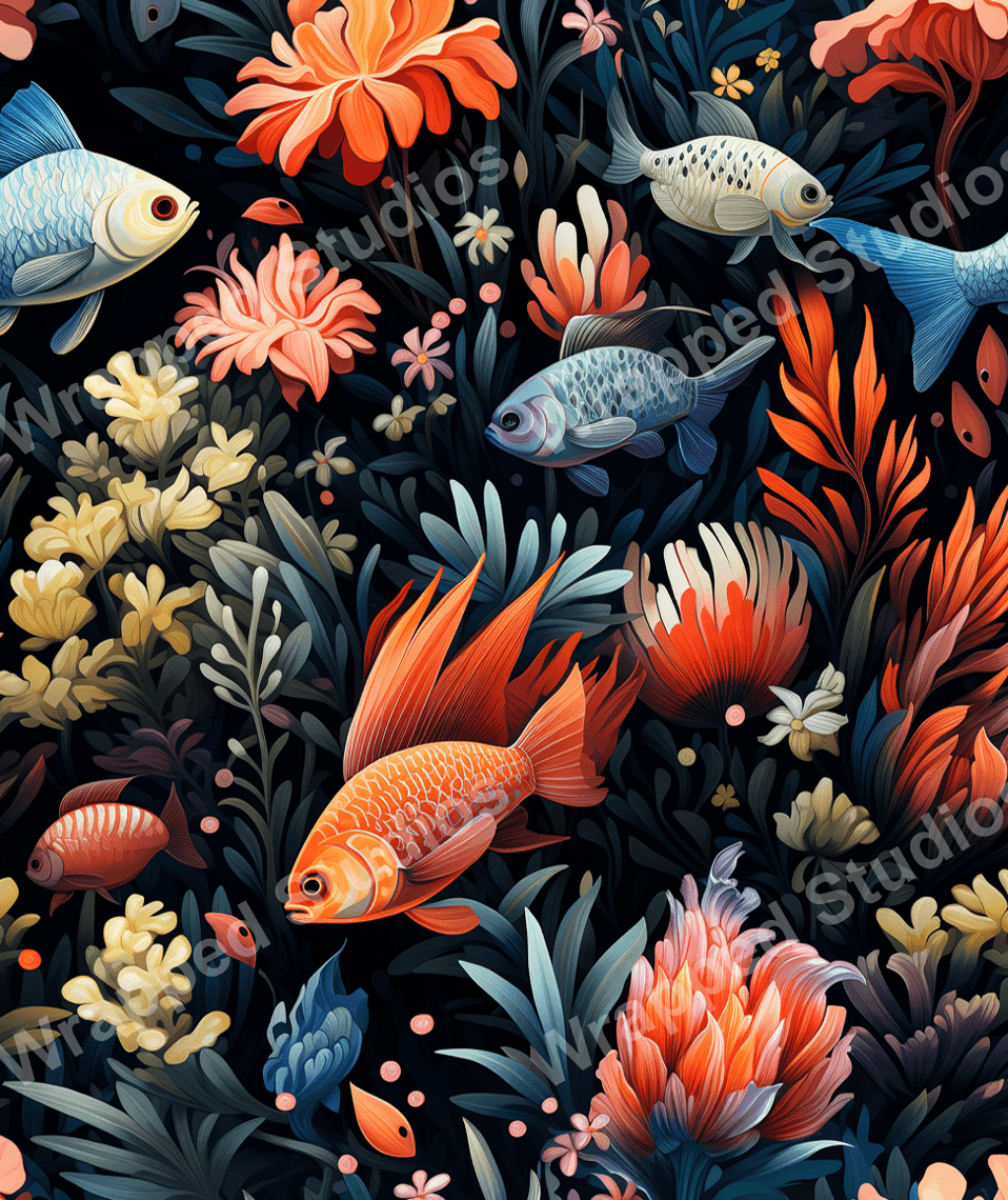 Botanical pattern featuring fish and flowers in shades of orange, blue, and yellow on a dark background.