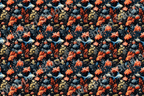 Seamless pattern featuring stylized fish and floral design in shades of orange, blue, and gold.