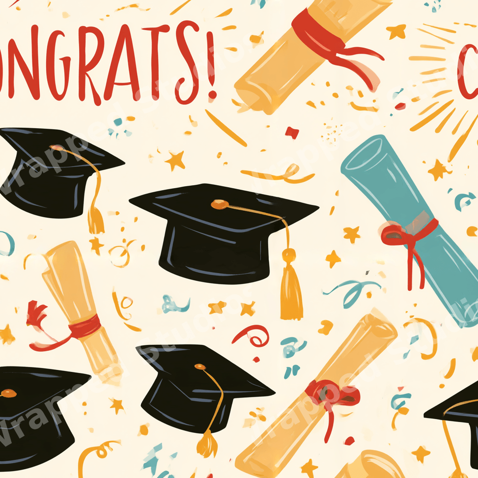 Festive graduation pattern with black mortarboard caps, colorful diplomas, and confetti on a cream background.
