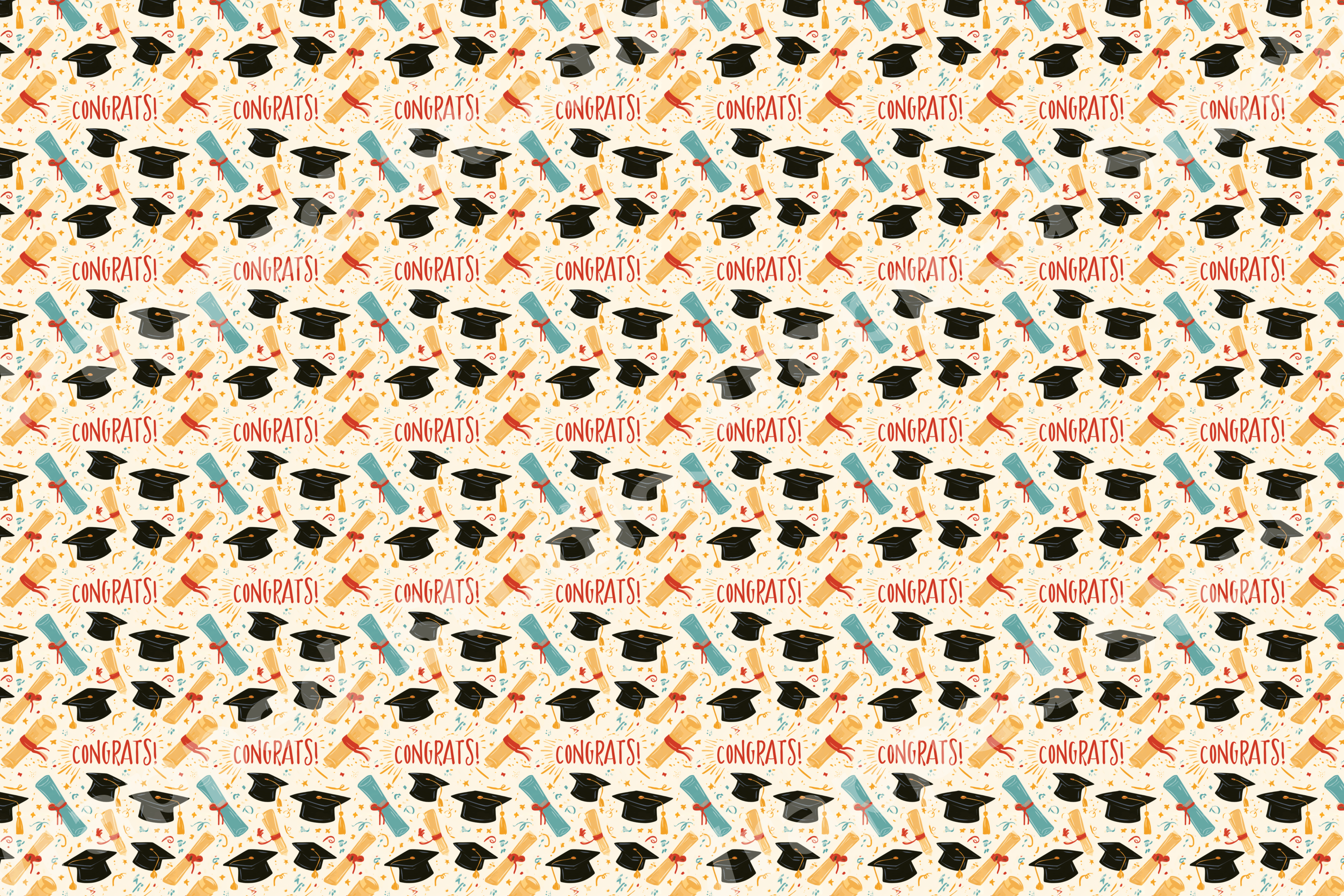 Playful graduation pattern with black mortarboards, colorful diplomas, confetti, and red congrats text on cream.