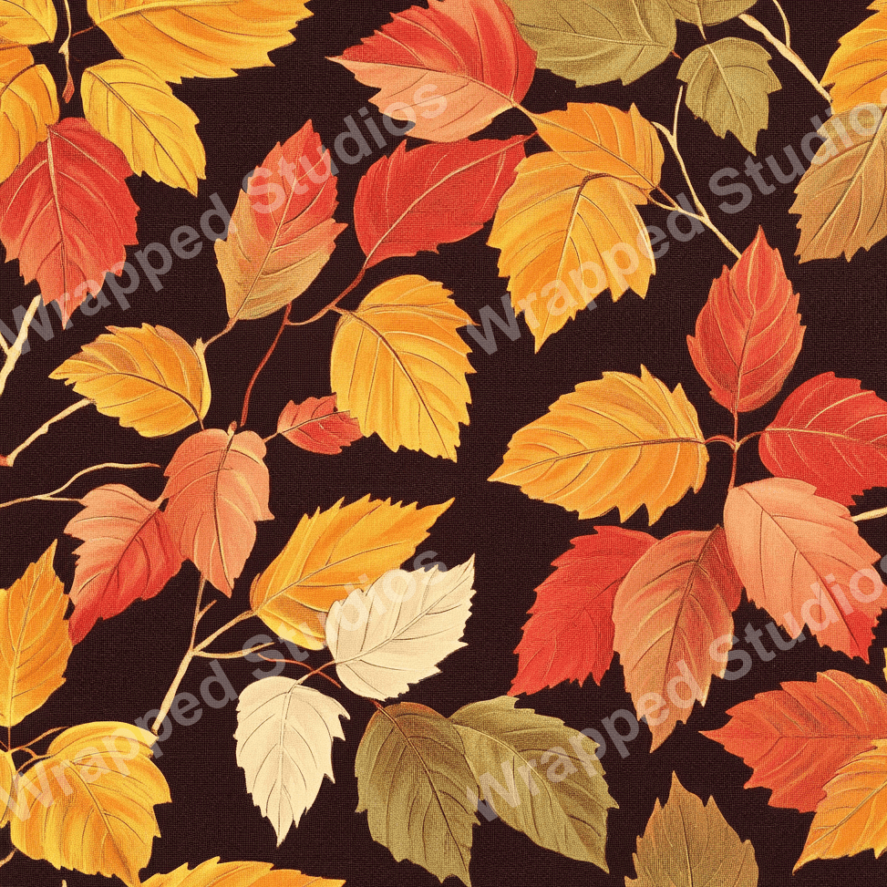 Autumn leaves pattern design with warm reds, oranges, yellows, and browns on a dark background.