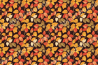 Autumn leaf pattern design featuring a colorful botanical print in shades of red, orange, yellow, and brown.
