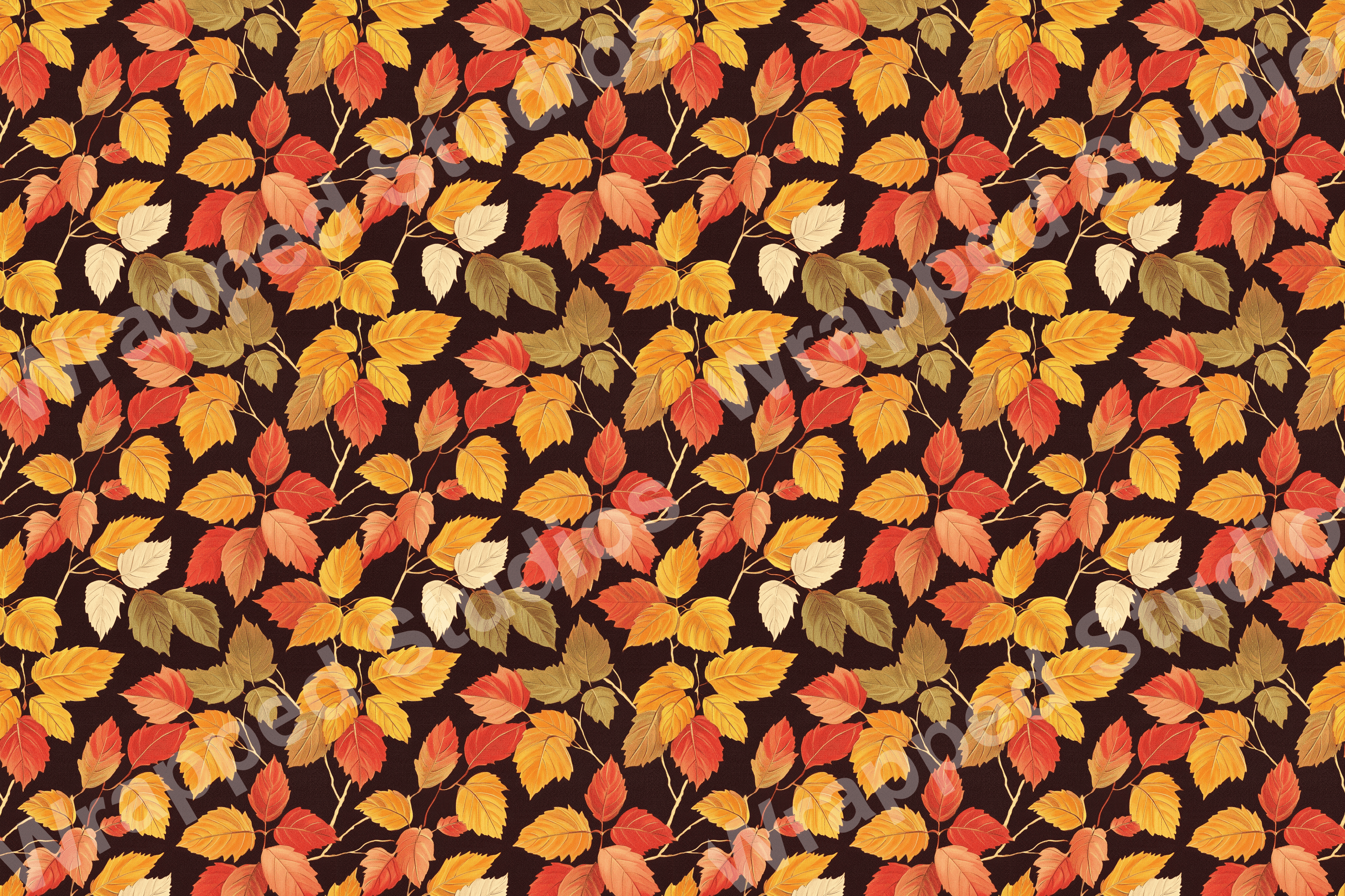 Autumn leaf pattern design featuring a colorful botanical print in shades of red, orange, yellow, and brown.