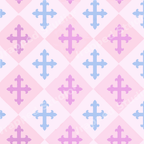 Elegant pastel pink and blue gothic cross geometric pattern with a diamond checkerboard.