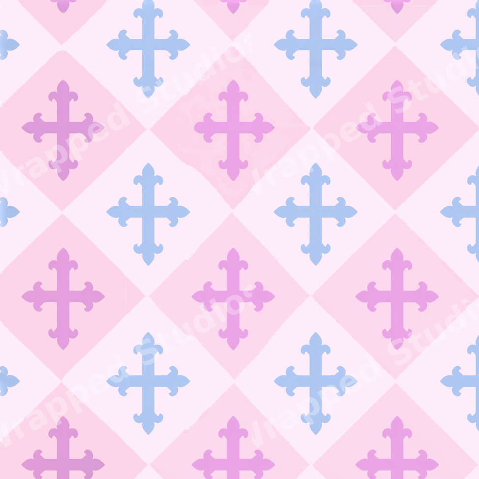 Elegant pastel pink and blue gothic cross geometric pattern with a diamond checkerboard.