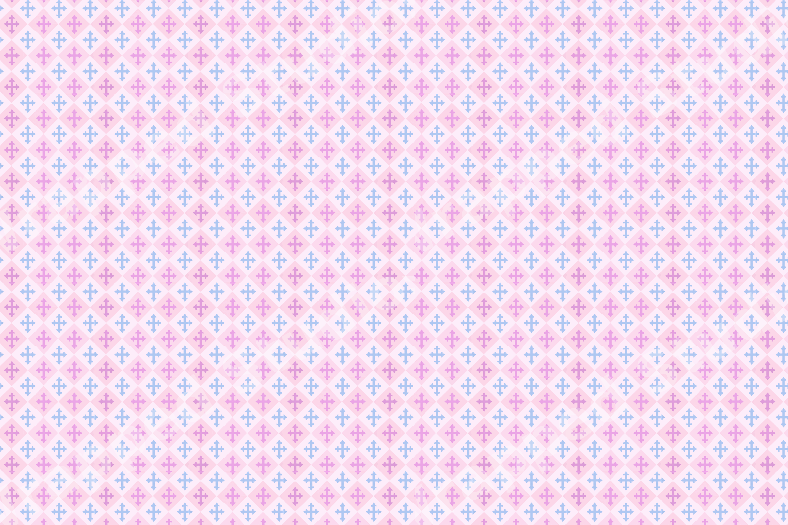 Whimsical pastel geometric pattern with pink and blue diamond checks and decorative crosses.