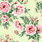 Vintage botanical floral pattern with hand-painted pink peonies and green leaves on pale yellow.