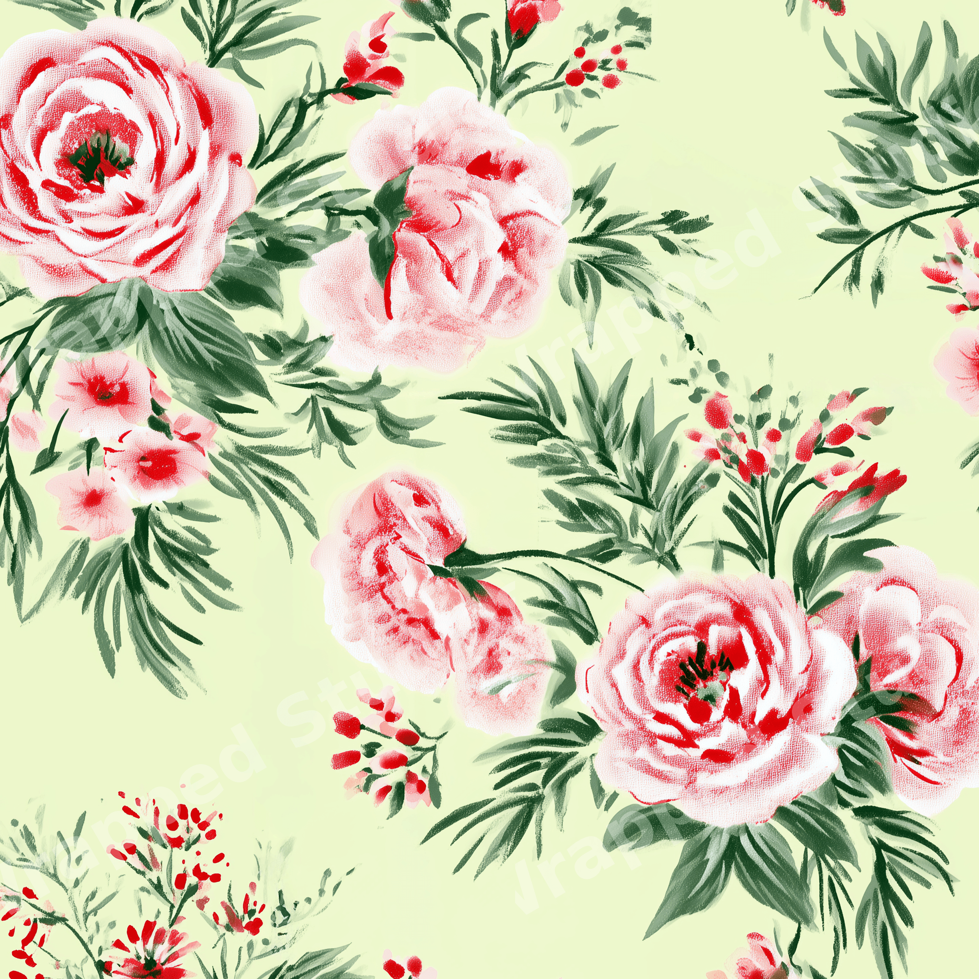 Vintage botanical floral pattern with hand-painted pink peonies and green leaves on pale yellow.