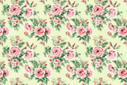 Vintage botanical floral pattern with watercolor pink roses and green leaves on a pale yellow background.