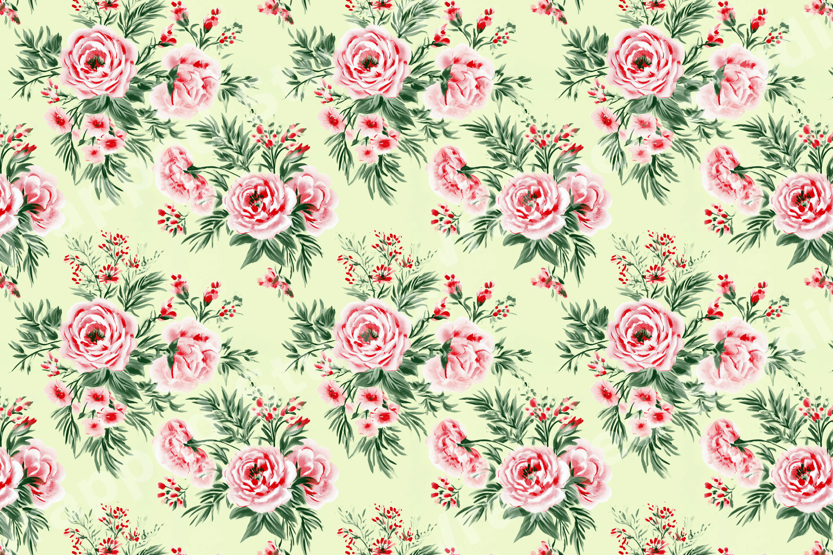 Vintage botanical floral pattern with watercolor pink roses and green leaves on a pale yellow background.