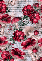 Vintage cottagecore floral pattern featuring red mushrooms and flowers on an antique script background.