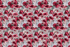 Vintage botanical pattern featuring red mushrooms, gothic roses, and green leaves on an antique script background.