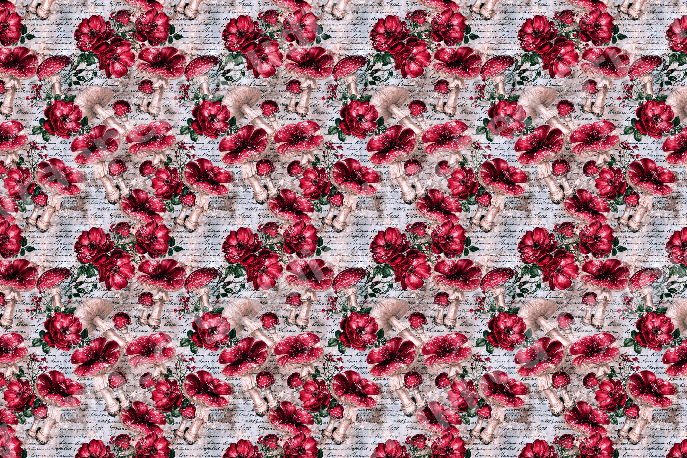 Vintage botanical pattern featuring red mushrooms, gothic roses, and green leaves on an antique script background.