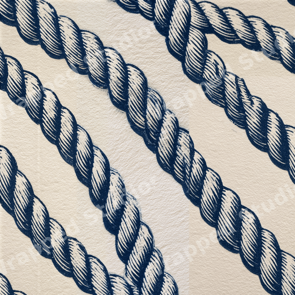 Nautical rope pattern in navy blue and cream with a vintage maritime aesthetic.