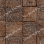 Abstract geometric pattern with brown squares and white concentric rings and squares.