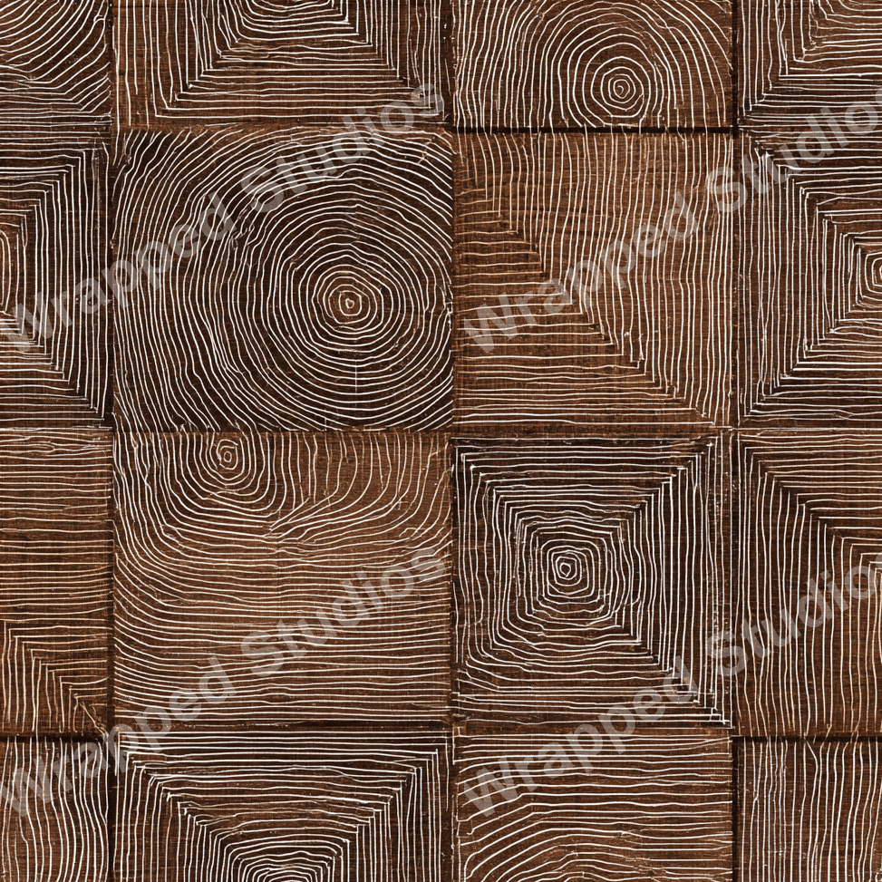 Abstract geometric pattern with brown squares and white concentric rings and squares.