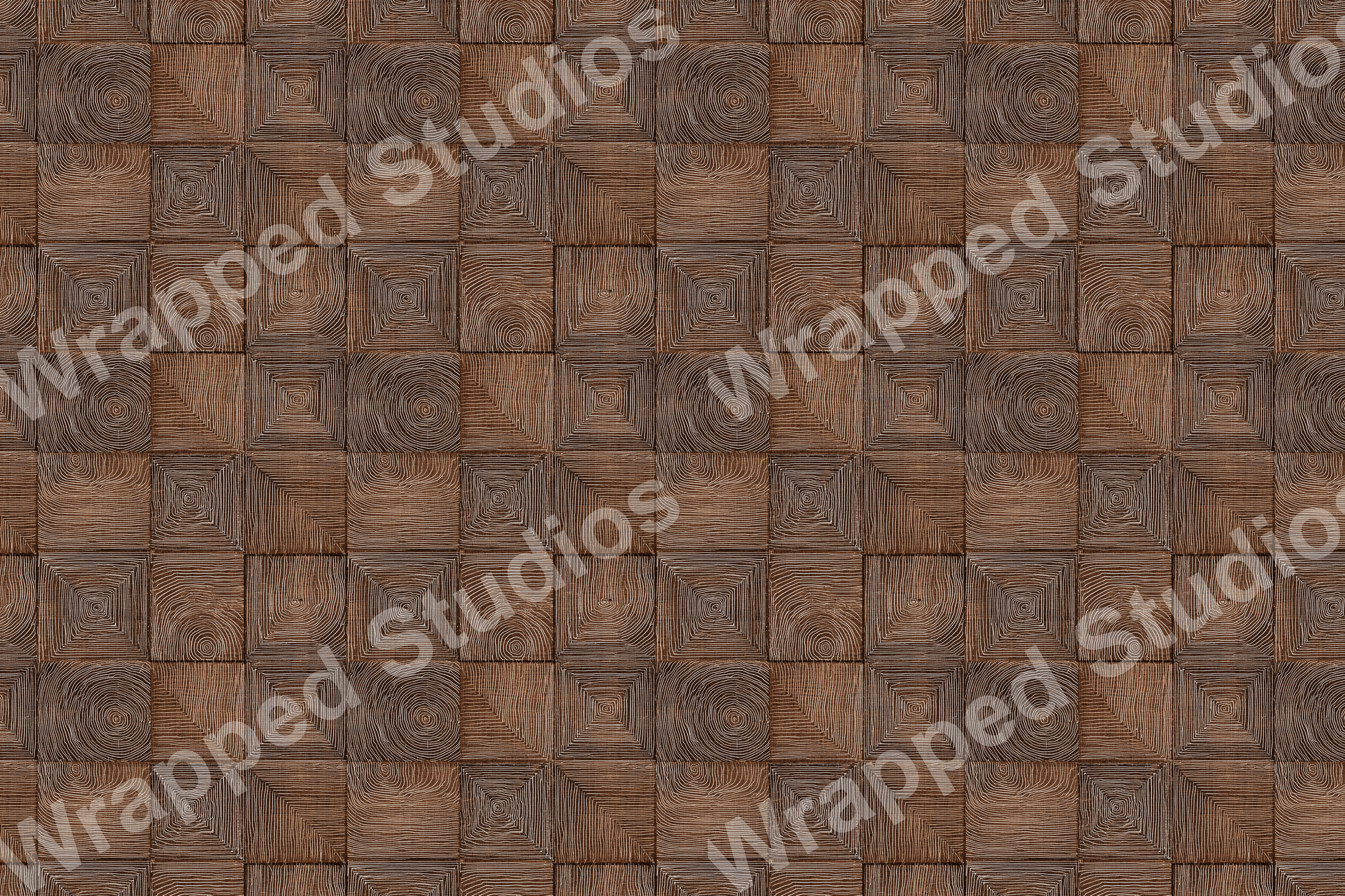 Abstract geometric pattern with hand-drawn woodgrain squares and circles in shades of brown.