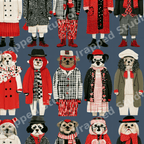 Whimsical winter dog pattern featuring illustrated pets in red and black holiday outfits on a blue background.