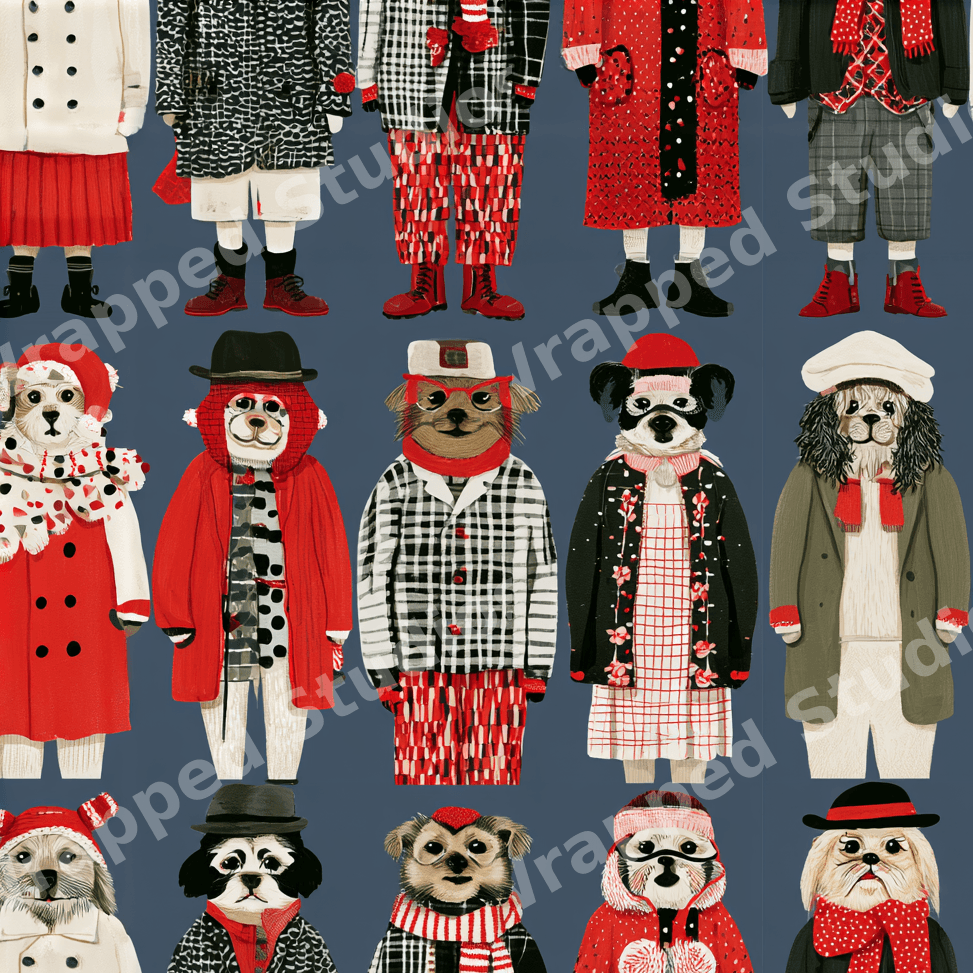Whimsical winter dog pattern featuring illustrated pets in red and black holiday outfits on a blue background.