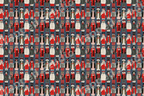 Whimsical holiday dog pattern featuring cute illustrated dogs dressed in red and black winter outfits.