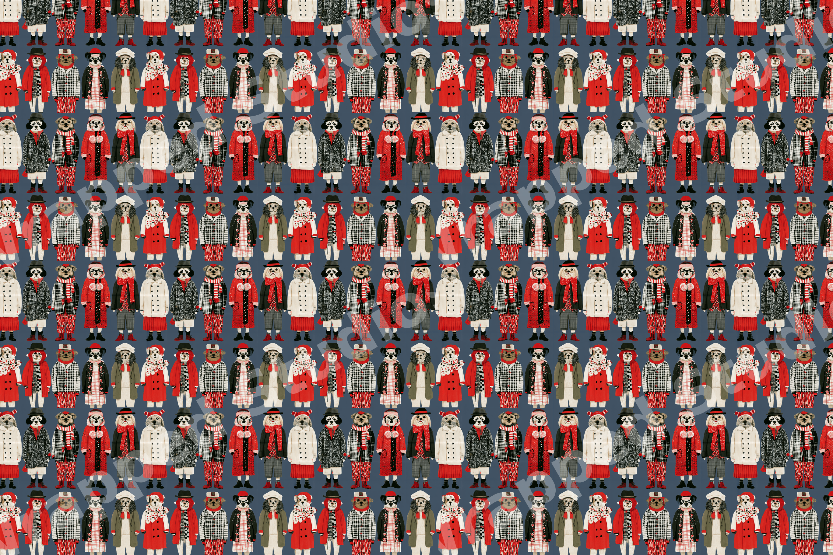 Whimsical holiday dog pattern featuring cute illustrated dogs dressed in red and black winter outfits.