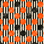 Retro geometric pattern with orange and black polka dots on distressed vertical stripes.
