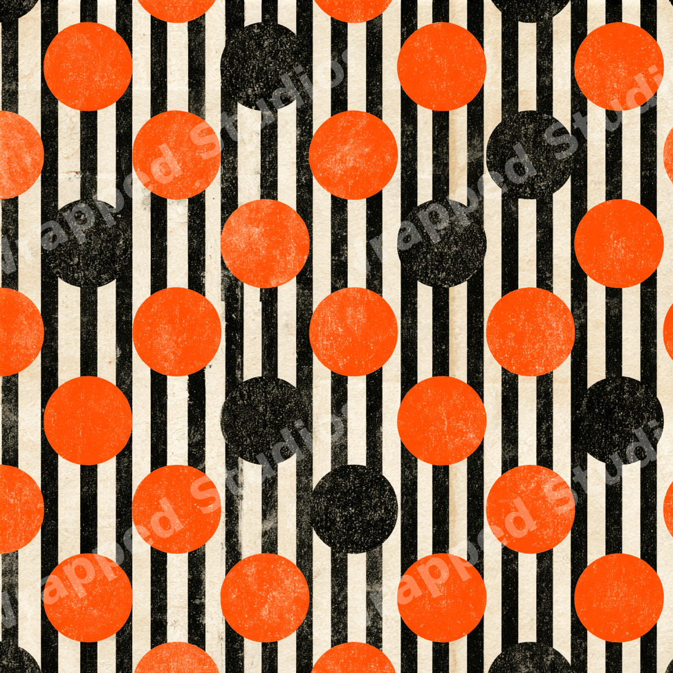 Retro geometric pattern with orange and black polka dots on distressed vertical stripes.