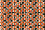 Vintage geometric pattern featuring orange and black polka dots over cream and black vertical stripes.