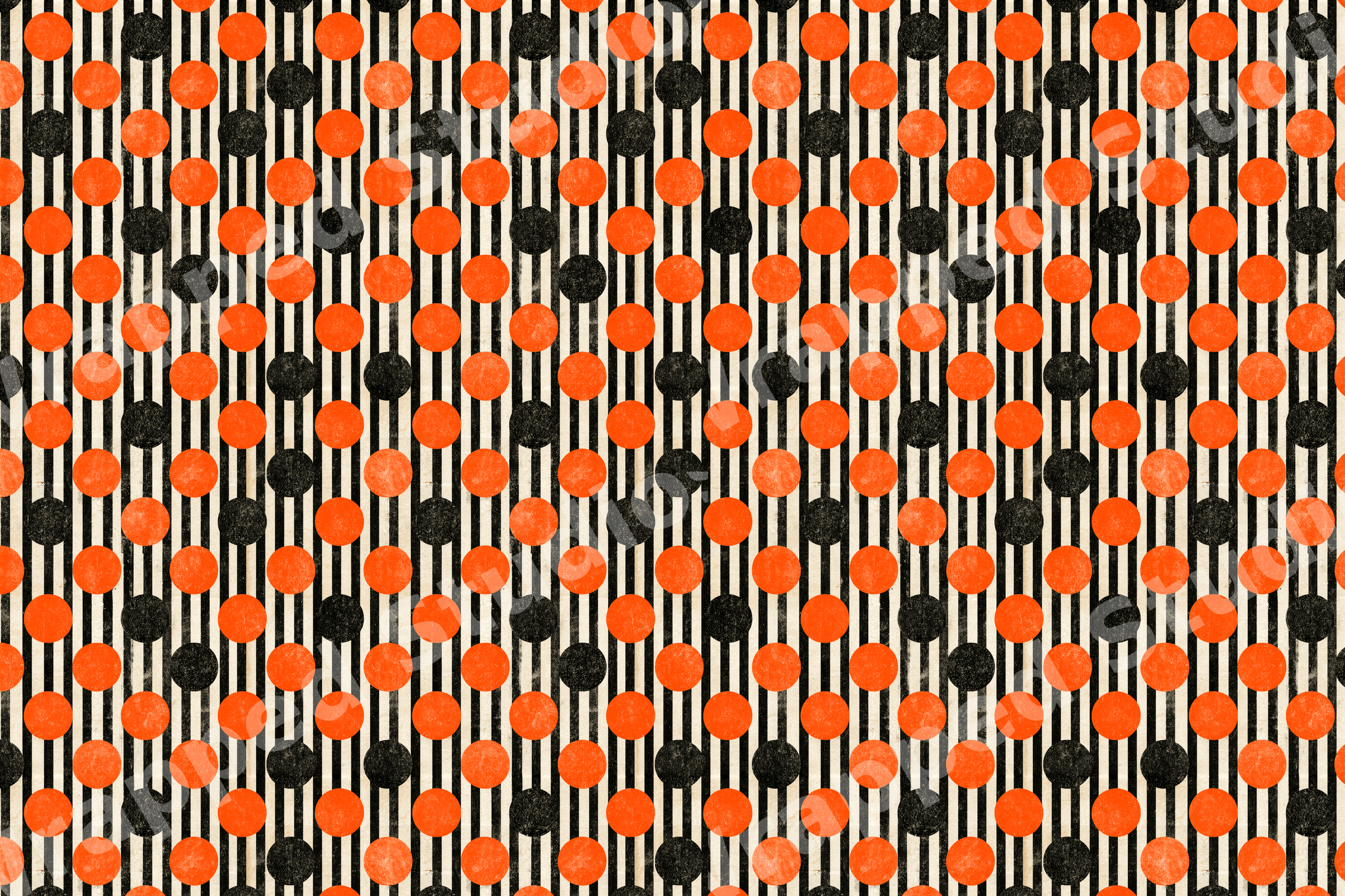 Vintage geometric pattern featuring orange and black polka dots over cream and black vertical stripes.