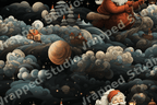Vintage Christmas pattern featuring whimsical Santa Claus, swirling clouds, and a starry night sky.