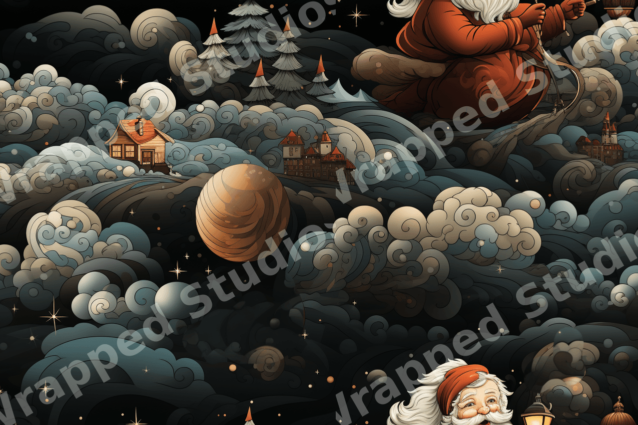 Vintage Christmas pattern featuring whimsical Santa Claus, swirling clouds, and a starry night sky.