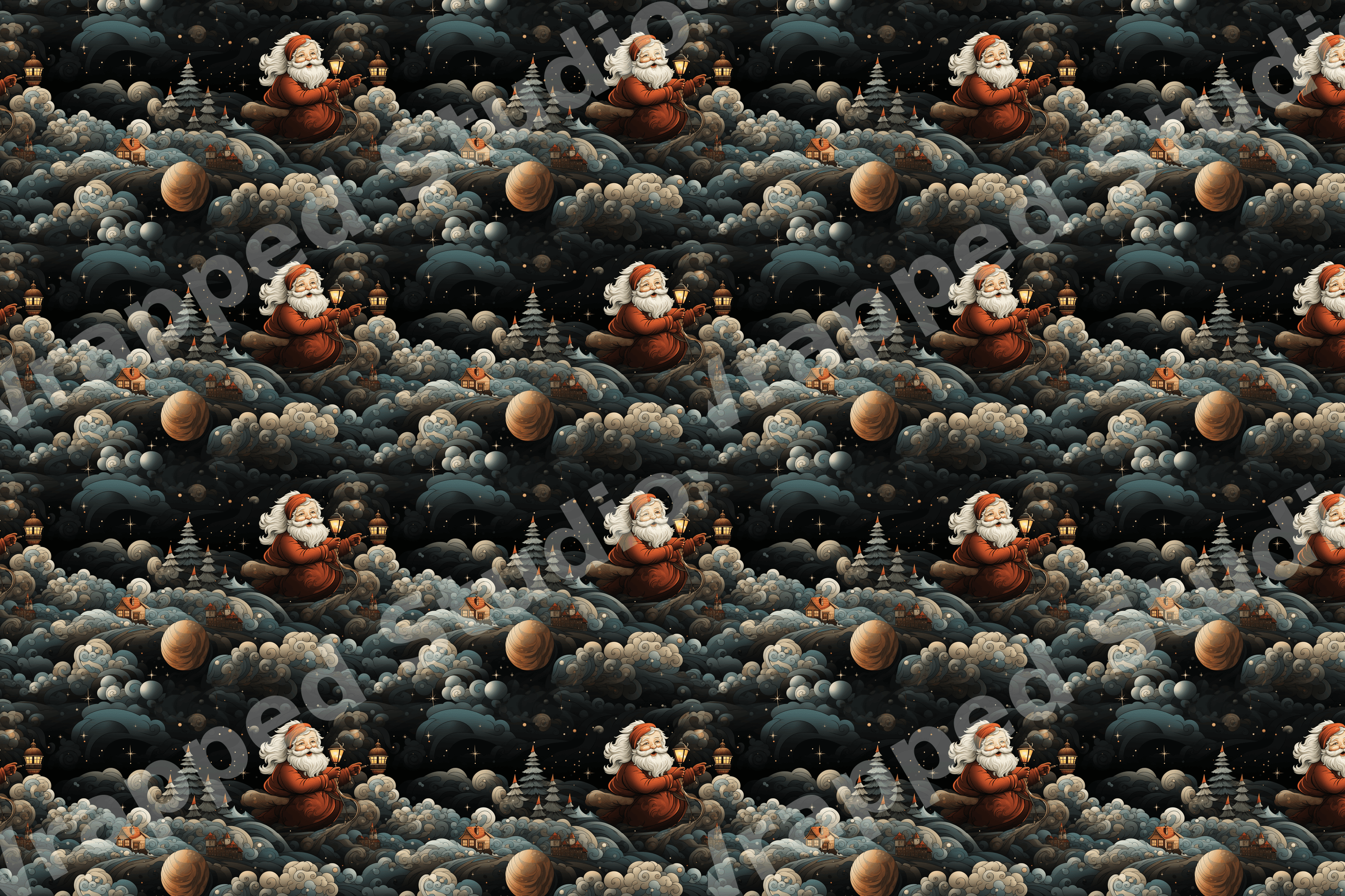 Whimsical vintage Santa Claus pattern with swirling clouds and a starry night sky in dark blue and gold.