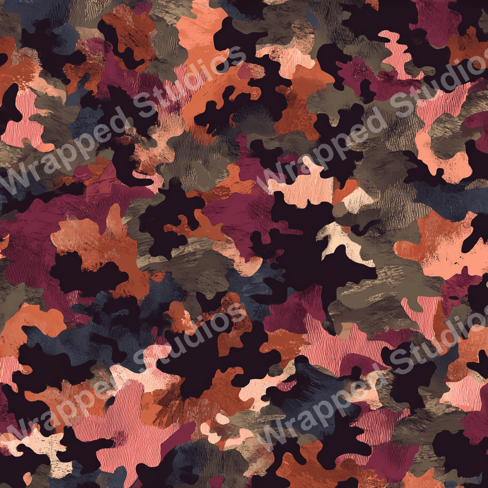 Abstract camouflage pattern in burgundy, rust, tan, olive, and navy with brushstroke textures.