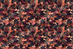 Abstract camouflage pattern with earthy browns, coral pink, and deep plum hues.