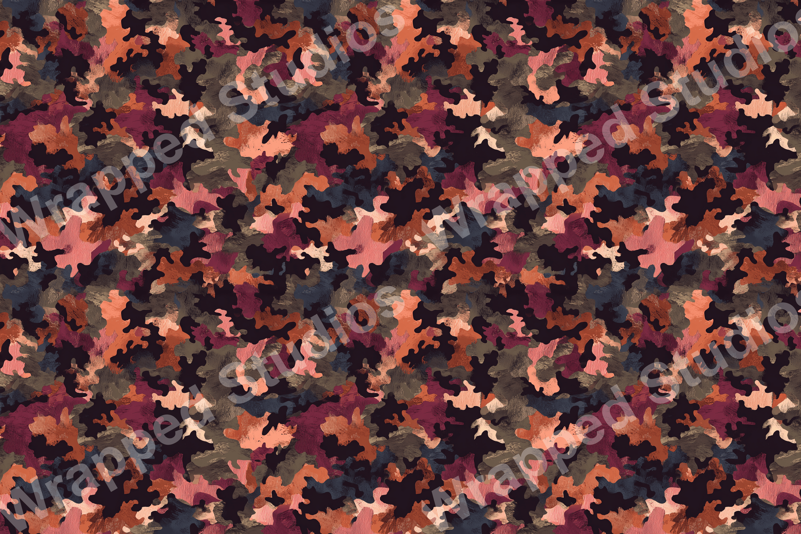 Abstract camouflage pattern with earthy browns, coral pink, and deep plum hues.