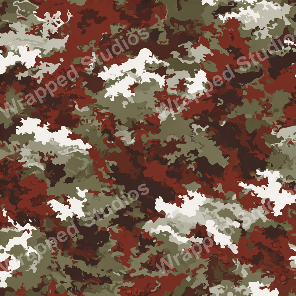 Seamless camouflage pattern with irregular shapes in shades of brown, olive green, and white.