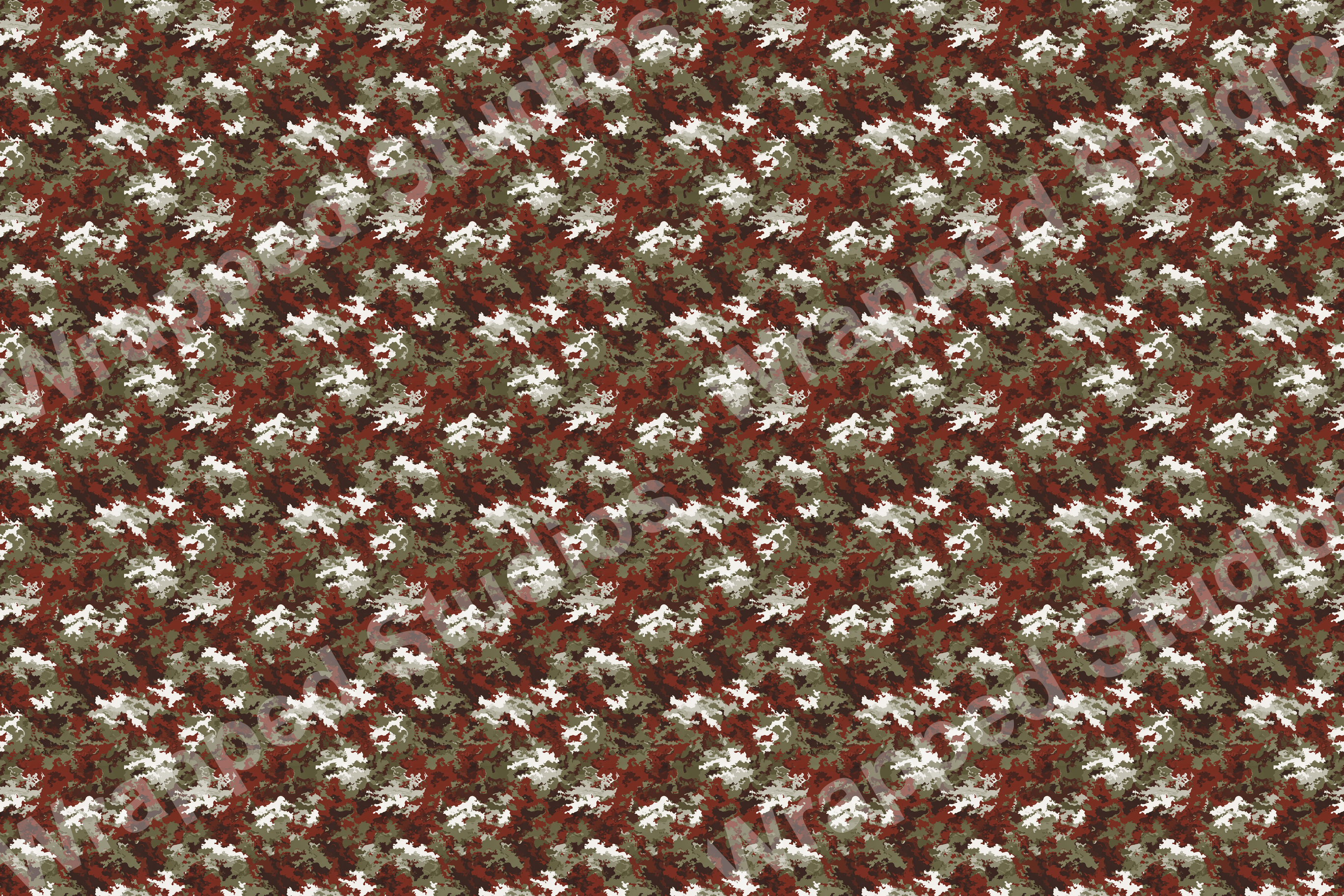 Abstract camouflage pattern in shades of red, white, and olive green.
