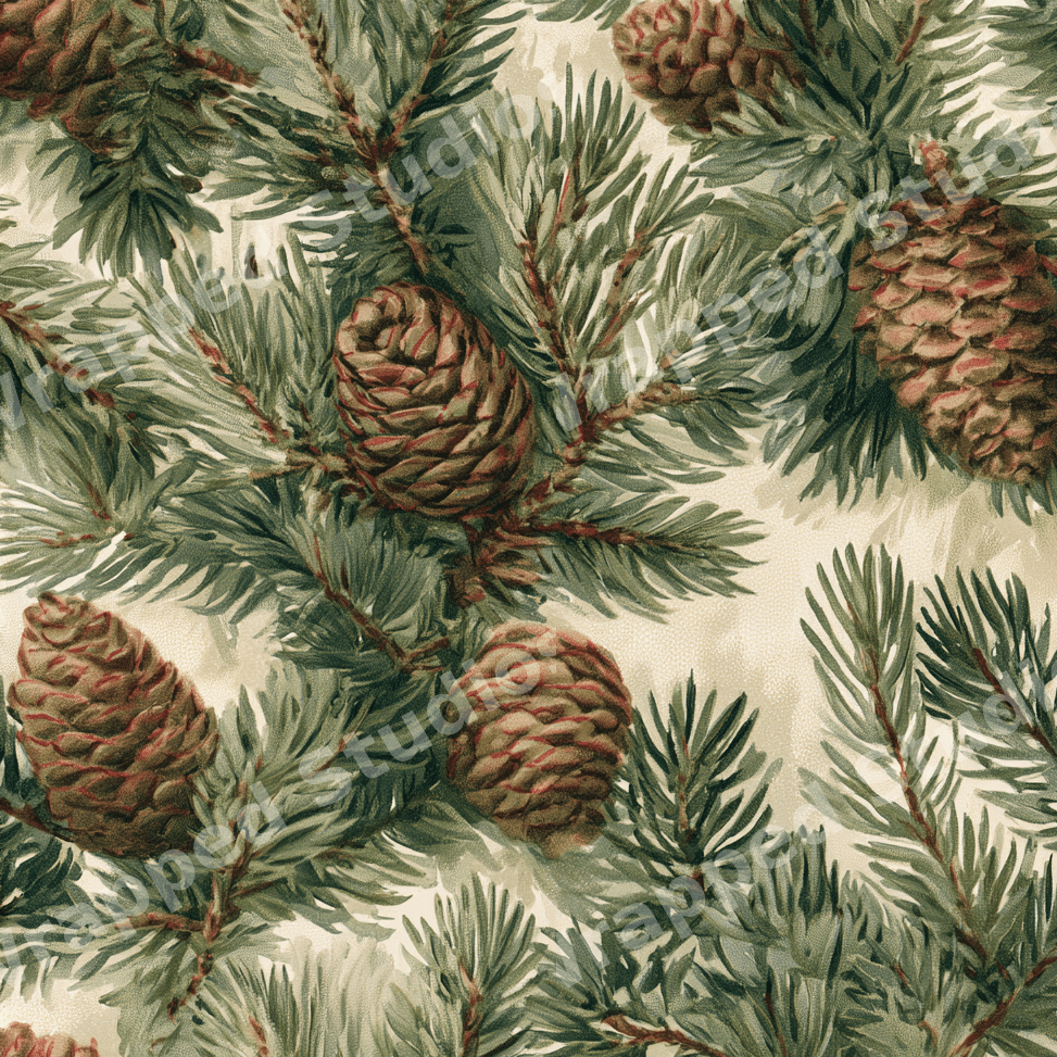 Vintage botanical pattern of rustic pine cones and evergreen pine branches on a neutral background.