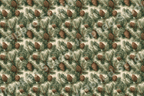 Vintage botanical pattern of green pine branches and brown pinecones on a cream background.