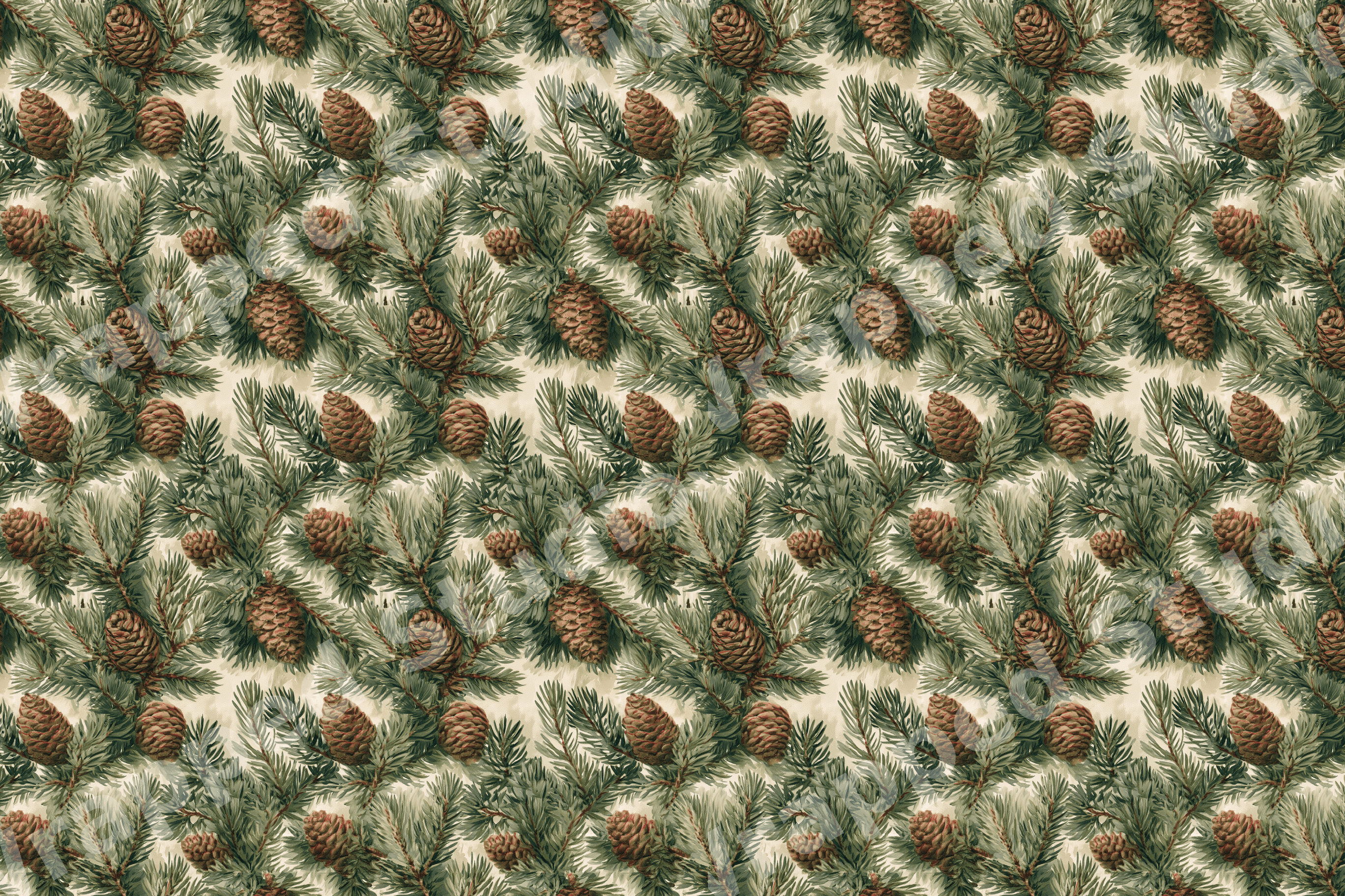 Vintage botanical pattern of green pine branches and brown pinecones on a cream background.